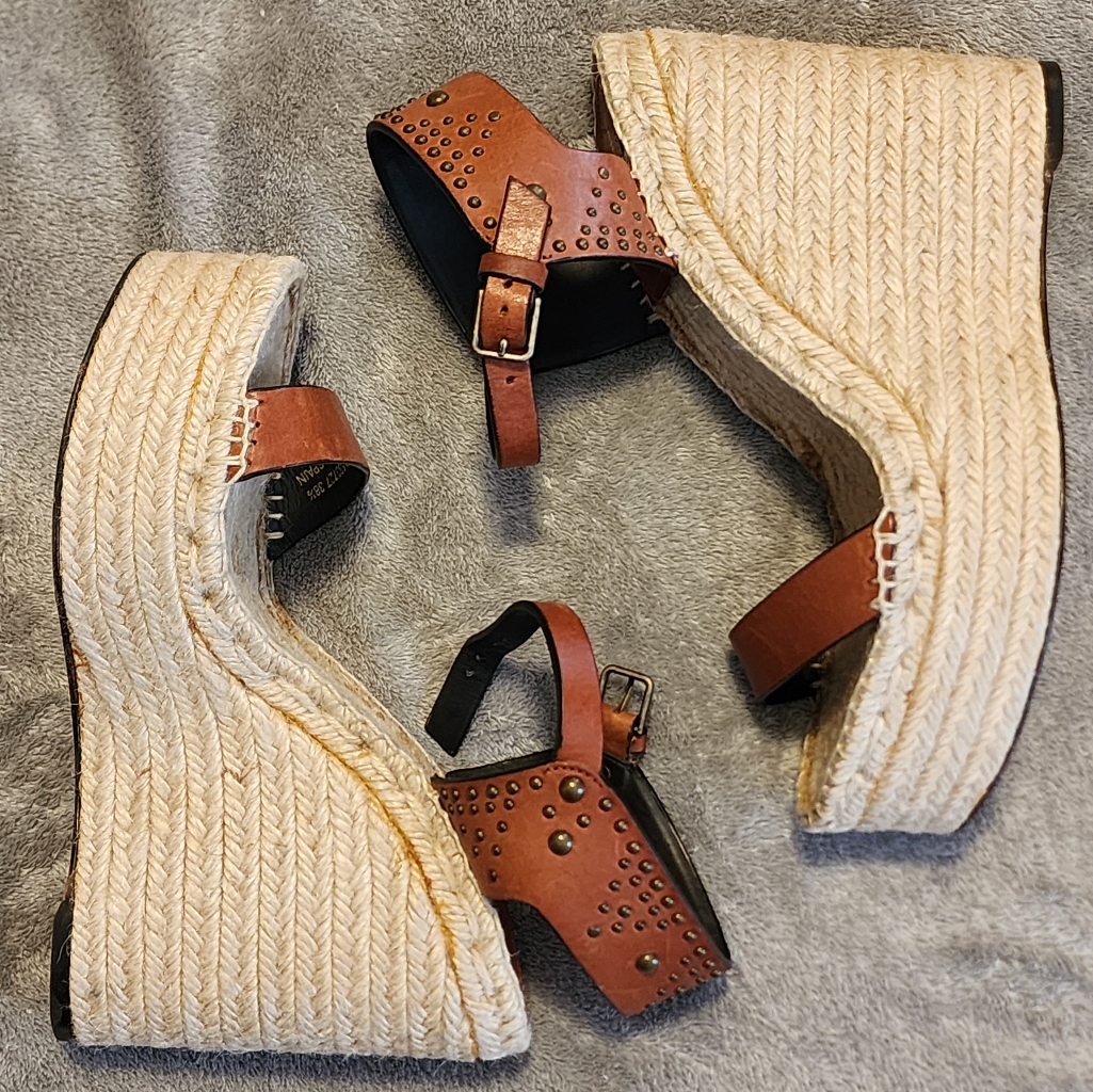 Nwt Yves Saint Laurent Leather Studded Espadrilles Wedge Sandal